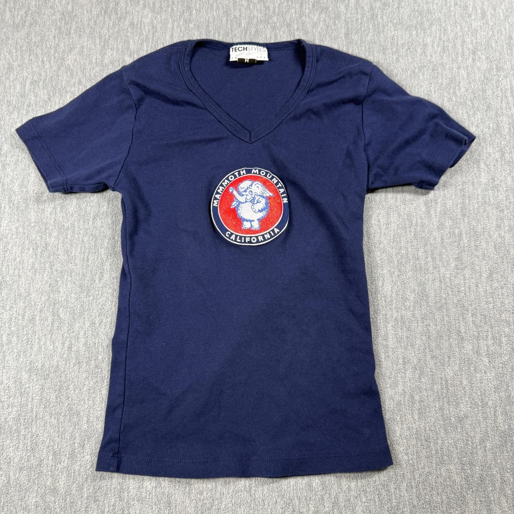 Techstyles Shirt Womens M Blue Mammoth Mountain California V-Neck Graphic Top